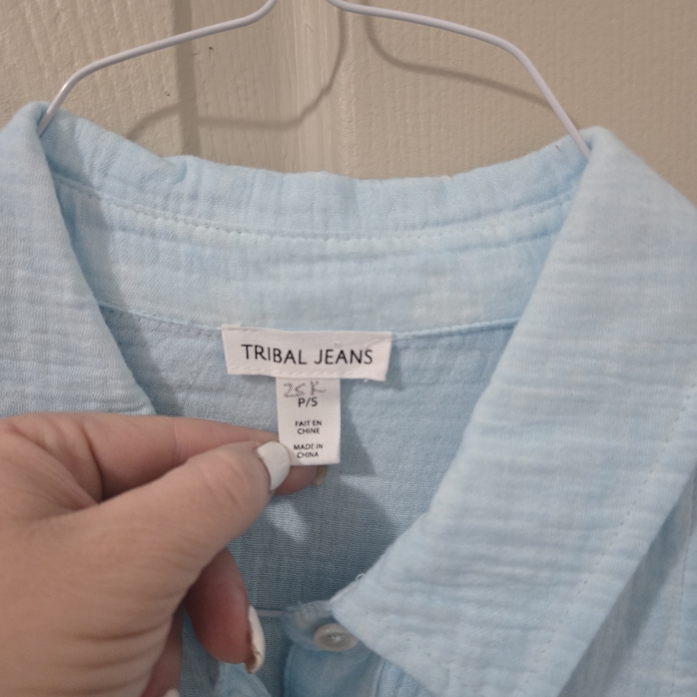 Tribal Jeans Women's Turquoise Seersucker Long Oversize Button Down - Picture 3 of 7